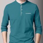 Men Solid Mandarin Collar Cotton Blend Light Blue T-Shirt