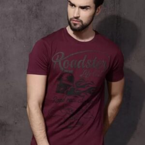 Men Printed Round Neck Pure Cotton Maroon T-Shirt