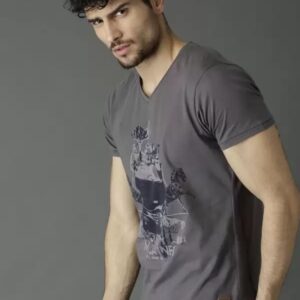 Men Printed V Neck Cotton Blend Grey T-Shirt