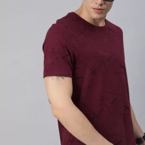 Men Printed Round Neck Pure Cotton Maroon T-Shirt