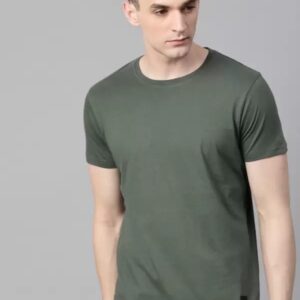 Men Solid Round Neck Pure Cotton Dark Green T-Shirt