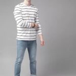 Men Striped Henley Neck Cotton Blend White T-Shirt