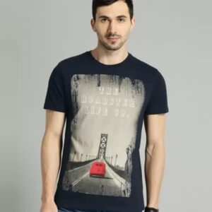 Men Printed Round Neck Cotton Blend Dark Blue T-Shirt