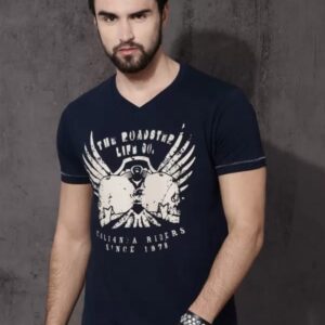 Men Printed Round Neck Pure Cotton Dark Blue T-Shirt