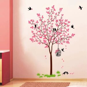 1 cm Wall Decals ' Pink Tree With Birds And Nest ' Wall (PVC Vinyl,Multicolour) Self Adhesive Sticker