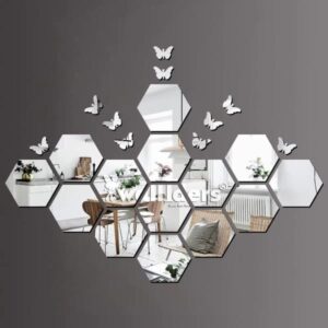 12 cm Hexagon 14 With 10 Butterfly Silver (12 cm x 10 cm Each Piece ), Mirror Stickers for Wall, Acrylic Mirror Wall Decor Sticker, Wall Mirror Stickers, Acrylic Stickers, Wall Stickers for Hall Room, Bed Room, Kitchen Self Adhesive Sticker