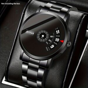 AIYISHI Men's Sleek Black Dial Quartz Watch with Steel Band - Round Face, Digital Display, Date Window, and Large Numerals - Perfect for Casual Attire or Gift, Everyday Wristwatch | Modern Quartz Watch | Durable Design, AIYISHI