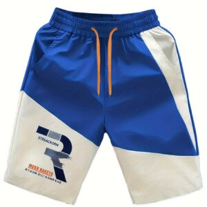 Men'S Casual Color Block Shorts with "PETER RICKSONS" Print - Non-Stretch, Drawstring Waist, Regular Fit, Ideal for Outdoor & Home Activities, Leisure Clothing|Geometric Pattern Shorts|Woven Textur