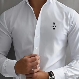 Men's Classic White Long-Sleeve Dress Shirt with Crown and Letter K Design, Breathable Button-Up Collar, Elegant Formal Style for Business or Formal Occasions, Business Attire | Modern Casual Shirt | Smooth Texture Shirt