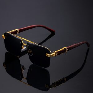 Women's Frameless Double Temple Fashion Glasses with Luxurious Golden-Toned Wood Grain Accents Unisex Black Eyeglasses